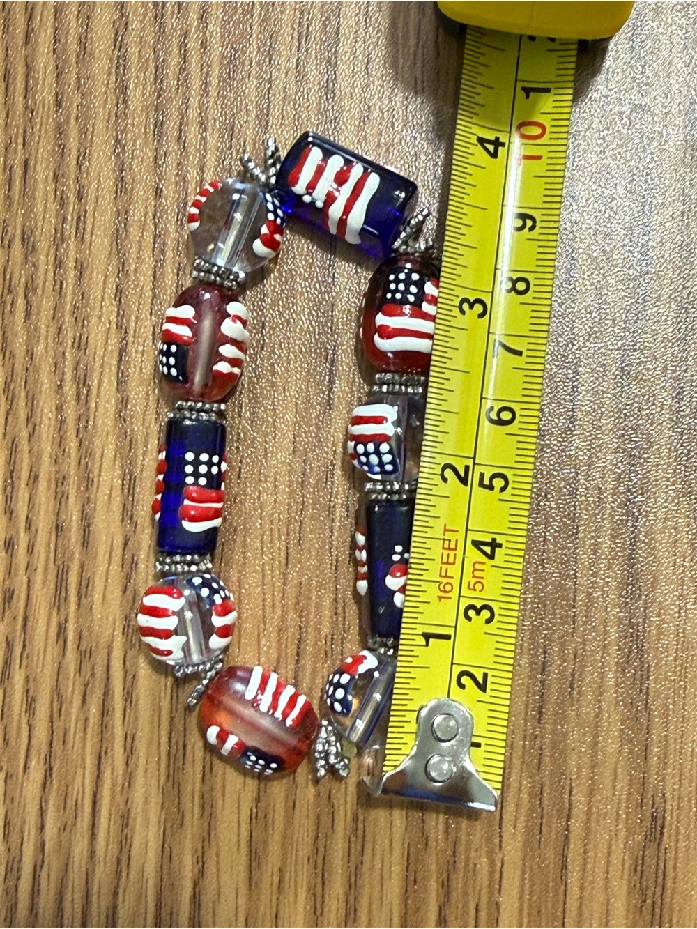 July 4, Patriotic Bead Bracelet. Each bead has a painted Flag. 8” un-stretched - Picture 4 of 5